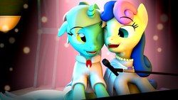 Size: 5760x3240 | Tagged: safe, artist:drdicksamazingstick, bon bon, lyra heartstrings, sweetie drops, earth pony, pony, unicorn, equestria girls, g4, my little pony equestria girls: rainbow rocks, 3d, cheek to cheek, female, lesbian, microphone, scene interpretation, ship:lyrabon, shipping, singing, source filmmaker