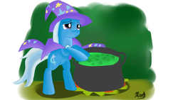 Size: 3628x2040 | Tagged: safe, artist:jbond, trixie, pony, unicorn, g4, bipedal, bipedal leaning, cauldron, female, high res, mare, potion, signature, solo, wallpaper
