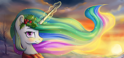 Size: 3000x1400 | Tagged: dead source, safe, artist:vird-gi, princess celestia, pony, g4, clothes, female, holly, levitation, looking at you, magic, scarf, smiling, snow, solo, sun work, wallpaper