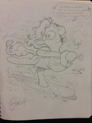 Size: 768x1024 | Tagged: safe, artist:andy price, screw loose, g4, baseball bat, female, hospital gown, monochrome, open mouth, singing, sketch, snowboard, snowboarding, solo, tongue out, traditional art