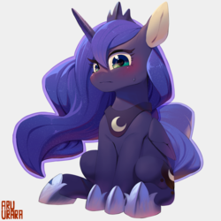 Size: 1123x1123 | Tagged: safe, artist:aruurara, princess luna, alicorn, pony, g4, blushing, cute, female, gray background, hoof shoes, lunabetes, simple background, sitting, solo, sweat, sweatdrop