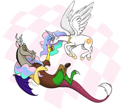 Size: 902x800 | Tagged: safe, artist:lionylioness, discord, princess celestia, alicorn, draconequus, pony, g4, angry, discord being discord, no tail, smiling, this will end in pain, this will end in petrification