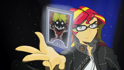 Size: 1920x1080 | Tagged: safe, artist:spacekingofspace, sunset shimmer, devil, equestria girls, g4, card, crossover, female, glasses, hand, looking at you, persona, persona 4, solo, sunset satan, tarot, tarot card, yu narukami