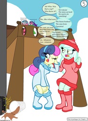 Size: 763x1046 | Tagged: safe, artist:queentigrel, aria blaze, bon bon, lyra heartstrings, sonata dusk, sweetie drops, equestria girls, g4, a dazzling winter, comic, female, lesbian, ship:lyrabon, shipping, short circuit, winter, winter outfit