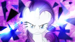 Size: 2560x1440 | Tagged: safe, artist:antylavx, artist:theflutterknight, rarity, g4, angry, it is on, kubrick stare, lens flare, looking at you, triangle, vector, wallpaper