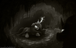 Size: 1900x1200 | Tagged: safe, artist:xaenonm, princess luna, g4, cape, cave, clothes, confrontation, floppy ears, glowing eyes, glowing horn, grayscale, gritted teeth, horn, monochrome