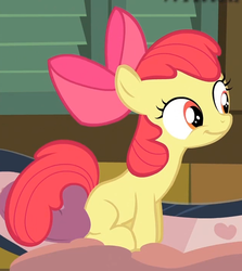 Size: 637x715 | Tagged: safe, screencap, apple bloom, earth pony, pony, g4, pinkie apple pie, adorabloom, bow, cropped, cute, female, filly, hair bow, sitting, smiling, solo