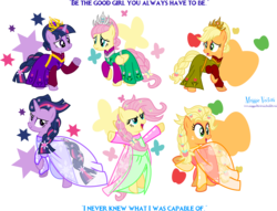 Size: 5674x4328 | Tagged: safe, artist:meganlovesangrybirds, applejack, fluttershy, twilight sparkle, g4, absurd resolution, clothes, dress, elsa, frozen (movie), queen elsajack, queen elsarity, simple background, transparent background