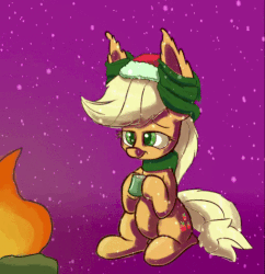 Size: 510x526 | Tagged: safe, artist:heir-of-rick, artist:snickymcnibits, applejack, daily apple pony, g4, animated, campfire, clothes, ear fluff, female, hat, impossibly large ears, lidded eyes, mug, santa hat, scarf, sitting, smiling, snow, snowfall, solo