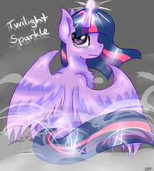 Size: 900x1000 | Tagged: safe, artist:siinys, twilight sparkle, alicorn, pony, g4, female, glowing horn, horn, looking at you, looking back, looking back at you, mare, sitting, solo, twilight sparkle (alicorn)