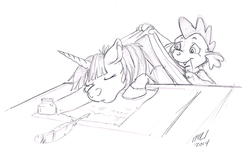 Size: 981x630 | Tagged: safe, artist:carnivorouscaribou, spike, twilight sparkle, alicorn, pony, g4, female, mare, monochrome, sleeping, table, traditional art, twilight sparkle (alicorn)