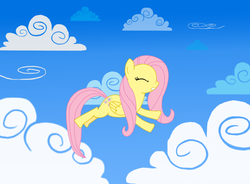 Size: 1224x900 | Tagged: safe, artist:issyrael, fluttershy, g4, cloud, cloudy, eyes closed, female, flying, solo