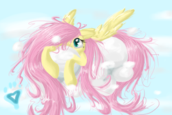 Size: 1500x1000 | Tagged: safe, artist:flameicewolf, fluttershy, g4, cloud, cloudy, female, floppy ears, long mane, messy mane, prone, solo, spread wings