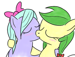 Size: 720x549 | Tagged: safe, artist:mansun, apple fritter, flitter, earth pony, pegasus, pony, g4, apple family member, blushing, bow, duo, eyes closed, female, hair bow, kiss on the lips, kissing, lesbian, mare, ship:apple flitter, shipping, simple background, white background