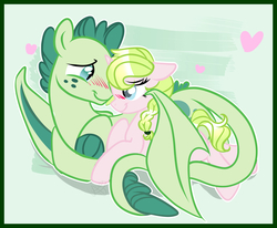 Size: 3289x2713 | Tagged: safe, artist:xwhitedreamsx, oc, oc only, oc:anthea, oc:turquoise blitz, dracony, hybrid, pony, unicorn, kilalaverse, adopted offspring, blushing, braid, female, freckles, heart, high res, interspecies offspring, male, mare, oc x oc, offspring, offspring shipping, parent:fluttershy, parent:oc:azalea, parent:oc:berry vine, parent:rarity, parent:spike, parents:oc x oc, parents:sparity, shipping, stallion, straight