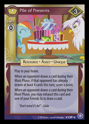 Size: 344x480 | Tagged: safe, enterplay, gilda, rainbow dash, griffon, g4, my little pony collectible card game, the crystal games, card, ccg, present