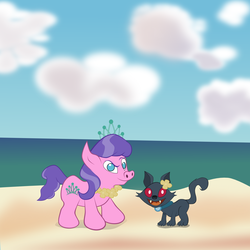 Size: 1300x1300 | Tagged: safe, artist:magerblutooth, diamond tiara, oc, oc:dazzle, cat, g4, beach, hawaii, lei, lilo and stitch, style emulation