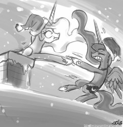 Size: 833x862 | Tagged: safe, artist:johnjoseco, princess celestia, princess luna, alicorn, pony, g4, chimney, christmas is cancelled, duo, female, grayscale, hat, mare, monochrome, pulling, request, royal sisters, santa hat, stuck