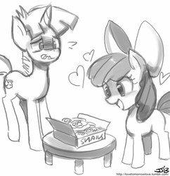 Size: 833x862 | Tagged: safe, artist:johnjoseco, apple bloom, snails, earth pony, pony, unicorn, g4, blushing, box, colt, cookie, female, filly, foal, food, grayscale, happy, heart, male, monochrome, open mouth, ship:snailbloom, signature, simple background, table, tumblr, white background