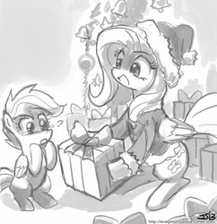 Size: 833x862 | Tagged: safe, artist:johnjoseco, fluttershy, scootaloo, pegasus, pony, g4, christmas, clothes, female, filly, foal, grayscale, hat, hearth's warming eve, holiday, hoof hold, mare, monochrome, open mouth, present, question mark, santa costume, santa hat, scootalove, signature, sitting, tears of joy