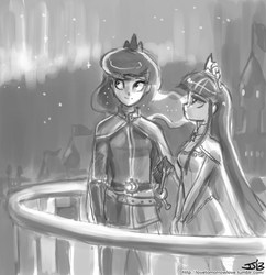 Size: 833x862 | Tagged: safe, artist:johnjoseco, princess luna, twilight sparkle, human, g4, balcony, big crown thingy, clothes, dress, grayscale, humanized, jewelry, monochrome, night, regalia, sword, twilight sparkle (alicorn), weapon