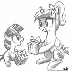 Size: 833x862 | Tagged: safe, artist:johnjoseco, princess cadance, twilight sparkle, g4, grayscale, monochrome, present