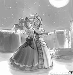 Size: 833x862 | Tagged: safe, artist:johnjoseco, princess celestia, princess luna, human, g4, clothes, dancing, dress, grayscale, humanized, monochrome, questionable source