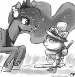 Size: 833x862 | Tagged: safe, artist:johnjoseco, princess luna, alicorn, pony, gamer luna, g4, :t, backpack, crossover, crouching, cute, eyes closed, female, grayscale, hat, headset, league of legends, lidded eyes, lunabetes, mare, microphone, monochrome, scrunchy face, simple background, smiling, stick, teemo, white background