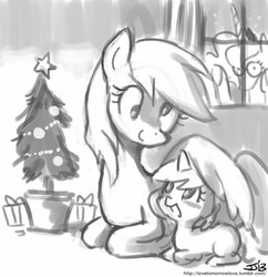 Size: 833x862 | Tagged: safe, artist:johnjoseco, derpy hooves, dinky hooves, princess luna, pegasus, pony, g4, christmas, christmas tree, creepy, equestria's best mother, female, grayscale, mare, monochrome, tree
