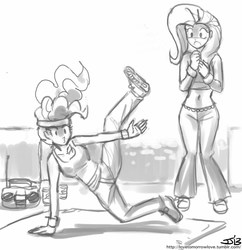 Size: 833x862 | Tagged: safe, artist:johnjoseco, fluttershy, pinkie pie, human, g4, belly button, breakdancing, dancing, grayscale, humanized, midriff, monochrome