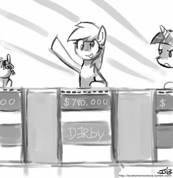 Size: 833x862 | Tagged: safe, artist:johnjoseco, derpy hooves, smarty pants, twilight sparkle, pegasus, pony, g4, female, grayscale, jeopardy, mare, monochrome