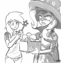 Size: 833x862 | Tagged: safe, artist:johnjoseco, derpy hooves, trixie, human, g4, grayscale, humanized, magic, monochrome, muffin