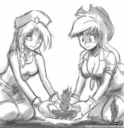 Size: 833x862 | Tagged: safe, artist:johnjoseco, applejack, human, crossover, front knot midriff, grayscale, hong meiling, humanized, midriff, monochrome, touhou