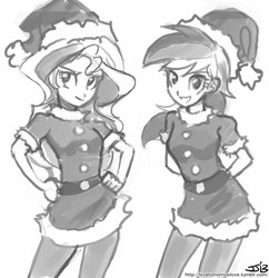 Size: 833x862 | Tagged: safe, artist:johnjoseco, rainbow dash, sunset shimmer, human, g4, christmas, clothes, costume, grayscale, humanized, monochrome, pantyhose, santa costume
