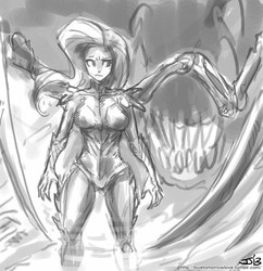 Size: 833x862 | Tagged: safe, artist:johnjoseco, fluttershy, human, zerg, g4, badass, crossover, female, flutterbadass, grayscale, humanized, monochrome, sarah kerrigan, solo, starcraft