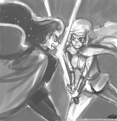 Size: 833x862 | Tagged: safe, artist:johnjoseco, nightmare moon, princess celestia, princess luna, human, g4, crossover, duo, fight, grayscale, humanized, lightsaber, monochrome, star wars