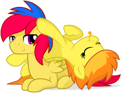 Size: 2276x1733 | Tagged: safe, artist:furrgroup, spitfire, oc, oc:jayham, pegasus, pony, g4, :p, :t, bedroom eyes, canon x oc, cute, duo, eyes closed, jayfire, on back, on top, prone, simple background, smiling, tongue out, white background