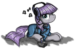 Size: 1209x801 | Tagged: safe, artist:flutterthrash, maud pie, pony, g4, headphones, mp3 player, music, music notes, music player, rock, rock (music), solo