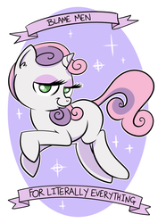Size: 600x847 | Tagged: safe, artist:catfood-mcfly, sweetie belle, g4, eyeshadow, female, fury belle, looking at you, makeup, misandry, mouthpiece, old banner, parody, shirt design, smiling, social justice warrior, solo