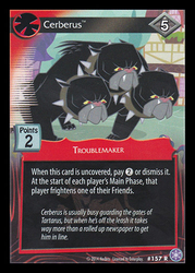 Size: 344x480 | Tagged: safe, enterplay, cerberus (g4), cerberus, dog, g4, my little pony collectible card game, the crystal games, card, ccg, collar, dog collar, multiple heads, spiked collar, three heads