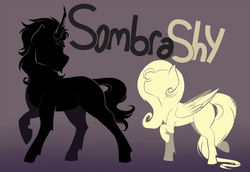 Size: 1000x687 | Tagged: safe, artist:evehly, fluttershy, king sombra, pegasus, pony, unicorn, g4, colored horn, curved horn, female, horn, male, mare, ship:sombrashy, shipping, silhouette, sombra horn, stallion, straight, text