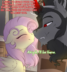 Size: 900x972 | Tagged: safe, artist:evehly, fluttershy, king sombra, pegasus, pony, unicorn, g4, blushing, boop, colored horn, curved horn, dialogue, eyes closed, fangs, female, horn, male, mare, noseboop, ship:sombrashy, shipping, sombra horn, stallion, straight