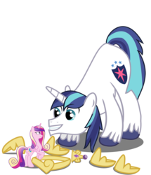 Size: 1716x2000 | Tagged: safe, artist:gamerpen, princess cadance, shining armor, pony, g4, crown, duo, eye contact, face down ass up, frown, grin, hoof shoes, jewelry, micro, missing accessory, peytral, raised hoof, regalia, shrunk, size difference, smiling, tiny, unamused, underhoof