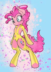 Size: 713x1000 | Tagged: safe, artist:dfectivedvice, artist:firebird145, pinkie pie, earth pony, semi-anthro, g4, arm hooves, belly button, clothes, costume, female, latex, skintight clothes, solo