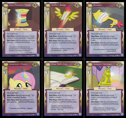 Size: 1033x961 | Tagged: safe, enterplay, boneless, fluttershy, twilight sparkle, g4, it ain't easy being breezies, leap of faith, my little pony collectible card game, pinkie pride, rainbow falls, rarity takes manehattan, the crystal games, twilight's kingdom, bits, card, ccg, key six, neon's bit, rainbow thread, scorpan's necklace, wonderbolt badge