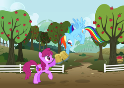 Size: 3714x2653 | Tagged: safe, artist:dsana, artist:php11, artist:qtmarx, artist:tritebristle, berry punch, berryshine, rainbow dash, earth pony, pegasus, pony, g4, apple, apple tree, cider, duo, duo female, female, fence, high res, mare, tree, vector