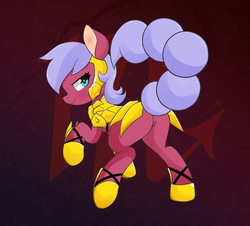 Size: 2000x1808 | Tagged: safe, artist:hidden-cat, scorpio (g4), earth pony, pony, g4, armor, butt, featureless crotch, female, lidded eyes, looking back, mare, parody, plot, ponyscopes, saint seiya, scorpio, solo