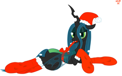 Size: 2048x1280 | Tagged: safe, artist:wan1357, queen chrysalis, g4, bow, clothes, female, hat, santa hat, socks, solo