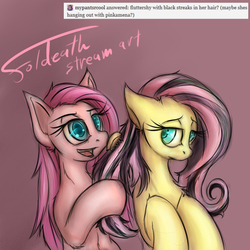 Size: 1024x1024 | Tagged: safe, artist:foldeath, fluttershy, pinkie pie, g4, ask, comb, emoshy, pinkamena diane pie, sketch, tumblr