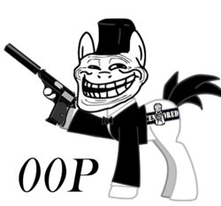 Size: 430x401 | Tagged: safe, artist:salted pingas, oc, oc only, oc:salted pingas, bowtie, clothes, gun, james bond, suit, trollface